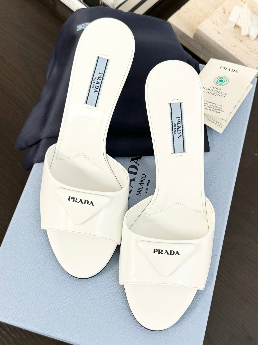 PRADA Brushed Leather Logo Mule Sandals in White - EU38.5