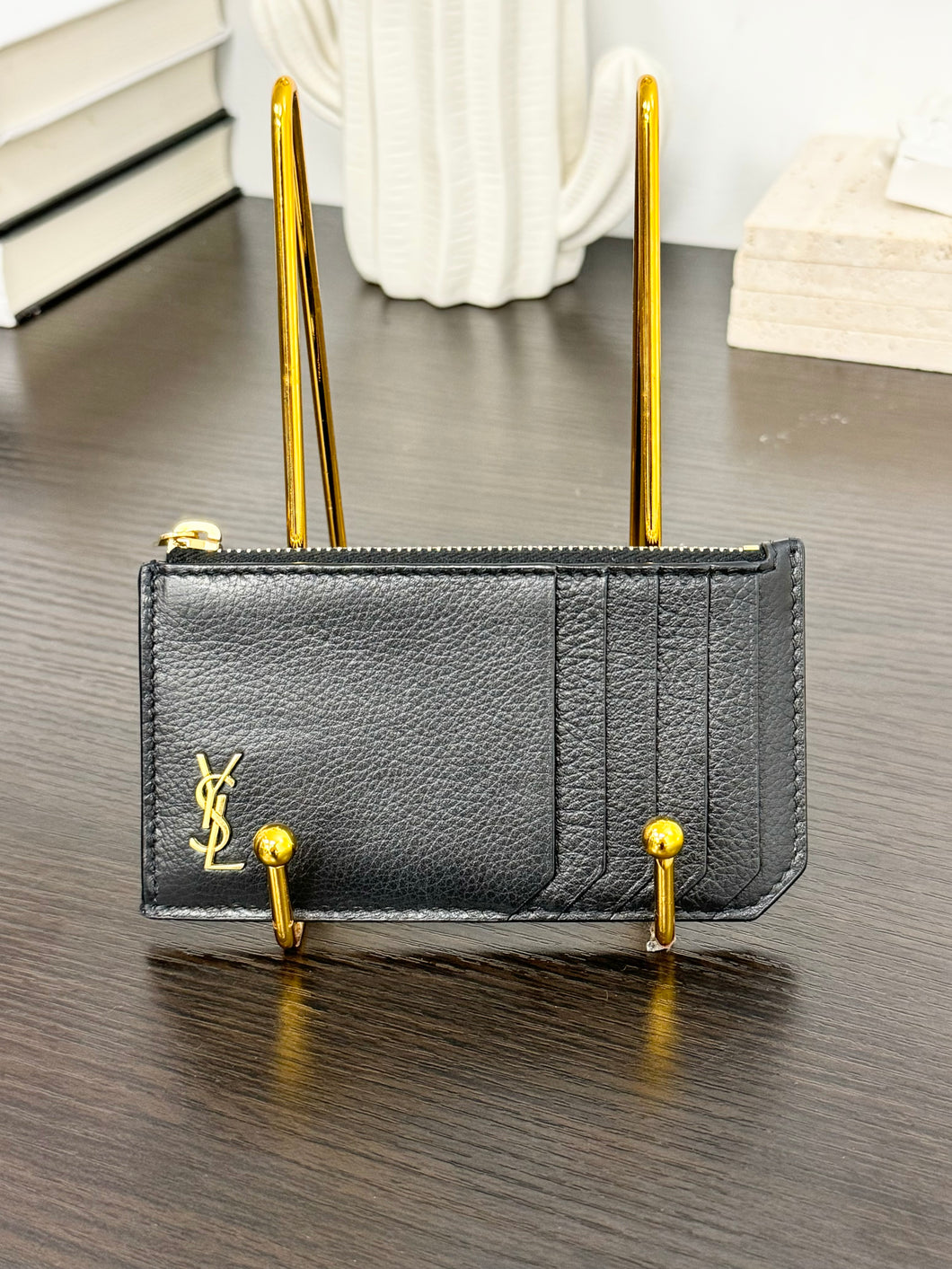 SAINT LAURENT Tiny Monogram Ziptop Card Case in Smooth Leather