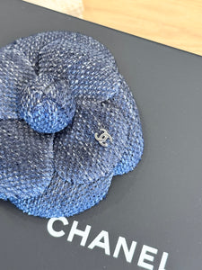 CHANEL Tweed Fabric Camellia Pin Brooch in Blue