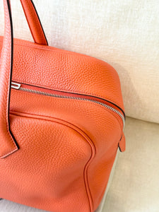 HERMES Clemence Leather Victoria 36 Bag / Orange Poppy / Palladium Hardware