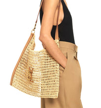 Load image into Gallery viewer, SAINT LAURENT 2024 Oxalis Leather-trimmed Raffia Shoulder Bag in Neutral
