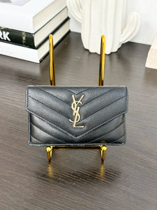 SAINT LAURENT YSL Monogram Ziptop Flap Grained Leather Card Case in Black