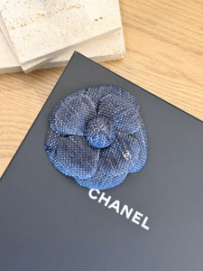 CHANEL Tweed Fabric Camellia Pin Brooch in Blue