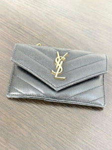 SAINT LAURENT YSL Monogram Ziptop Flap Grained Leather Card Case in Black