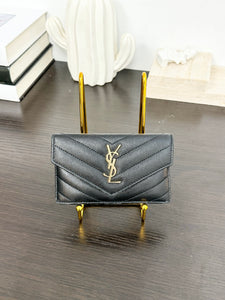 SAINT LAURENT YSL Monogram Ziptop Flap Grained Leather Card Case in Black