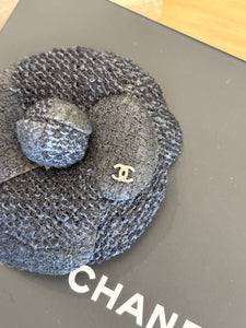 CHANEL Tweed Fabric Camellia Pin Brooch in Black