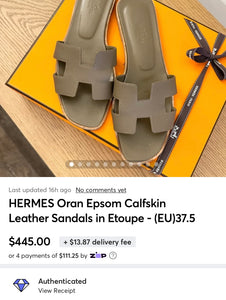 HERMES Oran Epsom Calfskin Leather Sandals in Etoupe - (EU)37.5