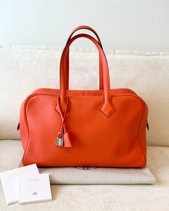 HERMES Clemence Leather Victoria 36 Bag / Orange Poppy / Palladium Hardware